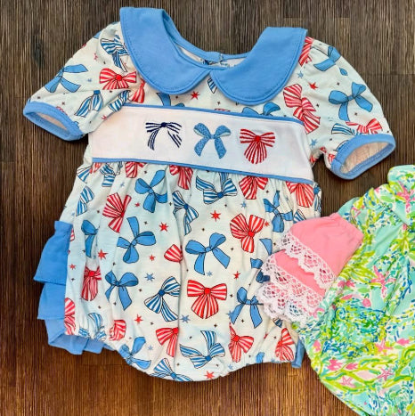 presale SR3430 Baby Girls Blue Red Bows Stars July 4th Collar Bubbly Ruffle Rompers D 1107