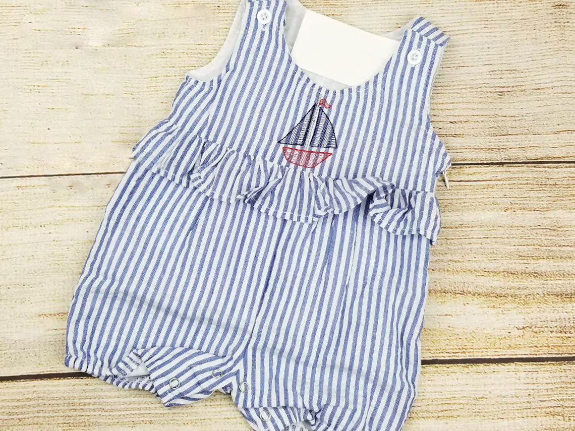 presale SR3431 Baby Girls Sleeveless Blue Stripe Boat Ruffle Shorts Rompers D 1107