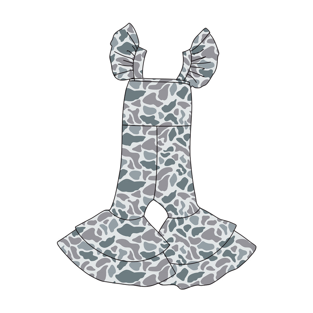 presale SR3435 Baby Girls Grey Camo Flutter Sleeve Bell Bottom Southern Jumpsuits D 1106