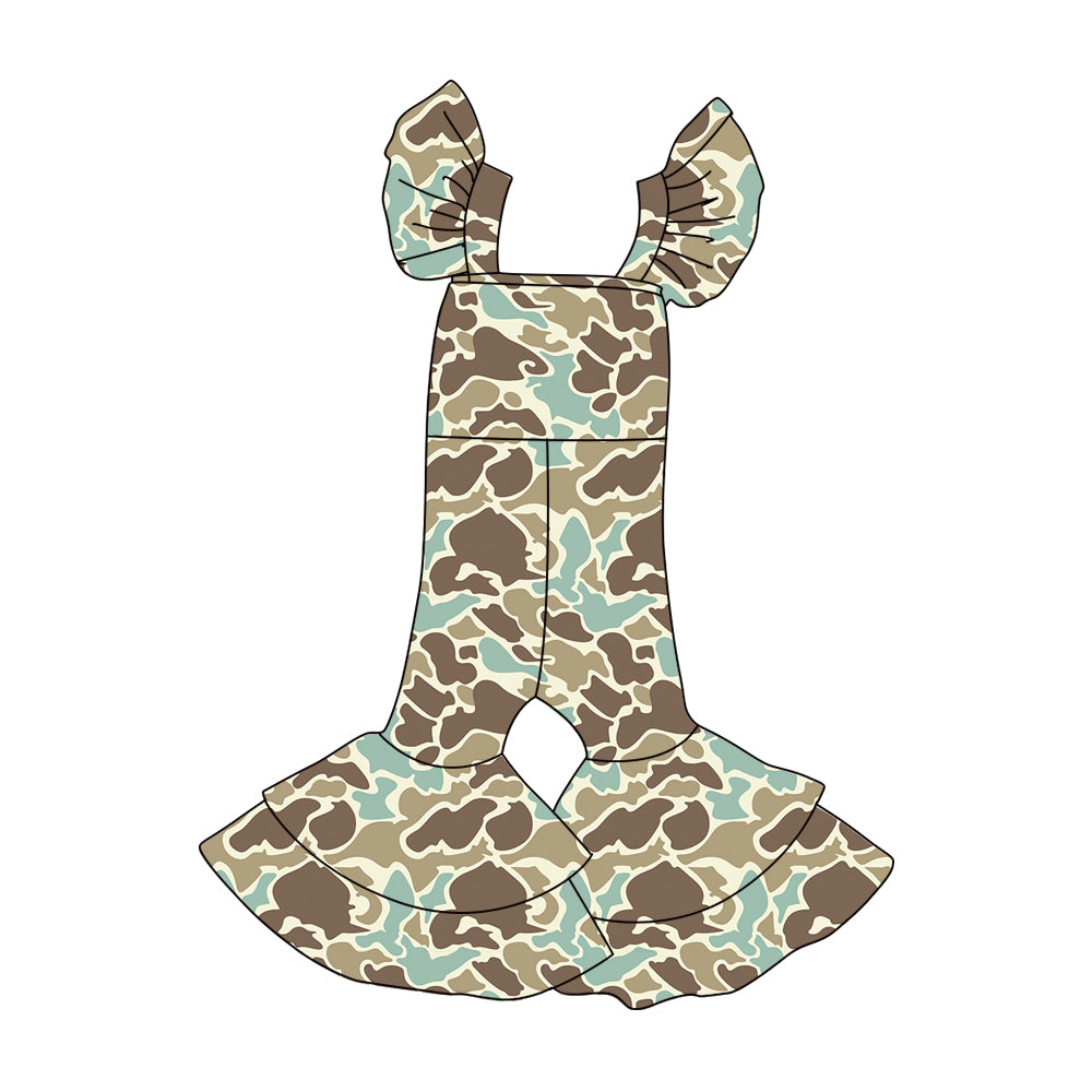 presale SR3436 Baby Girls Khaki Camo Flutter Sleeve Bell Bottom Southern Jumpsuits  D 1106