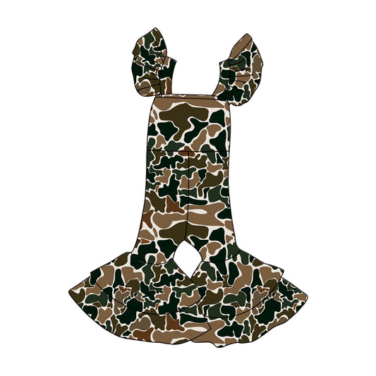 presale SR3437 Baby Girls Dark Brown Camo Flutter Sleeve Bell Bottom Southern Jumpsuits  D 1106