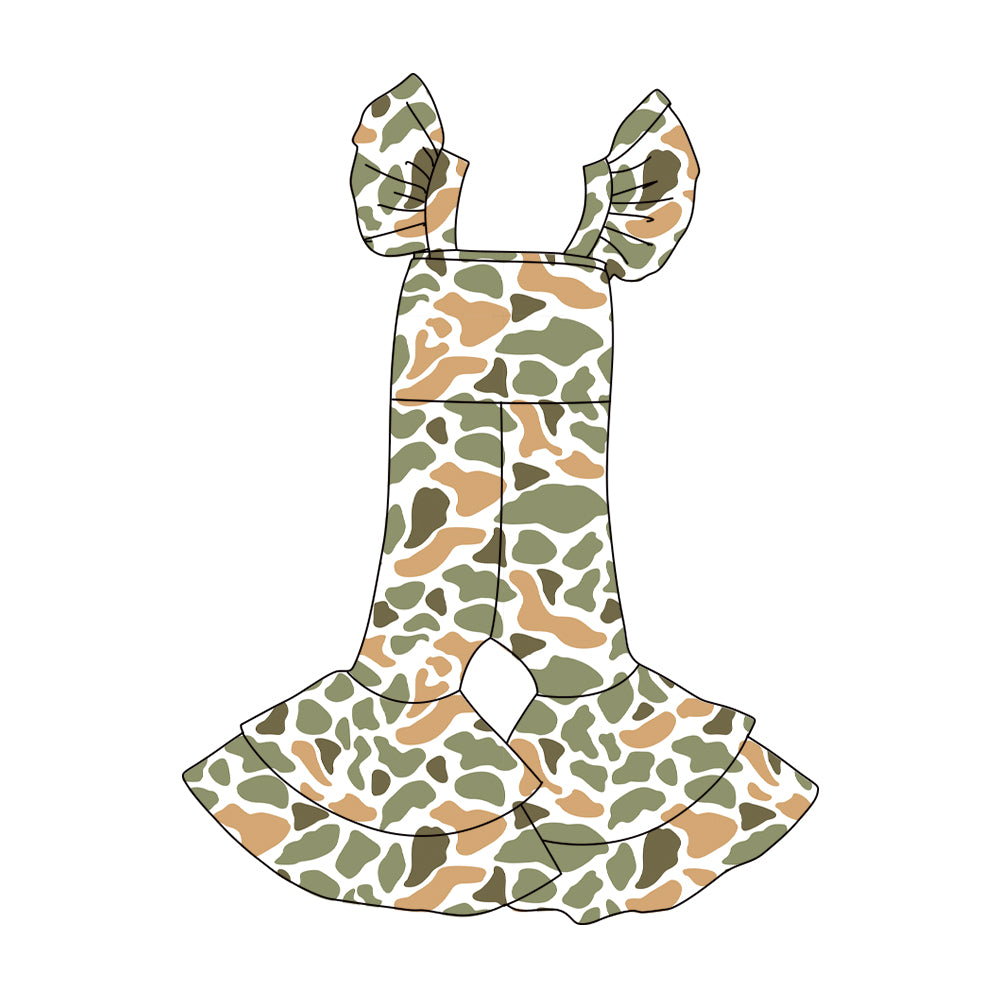 presale  SR3439 Baby Girls Green Orange Camo Flutter Sleeve Bell Bottom Southern Jumpsuits  D 1106