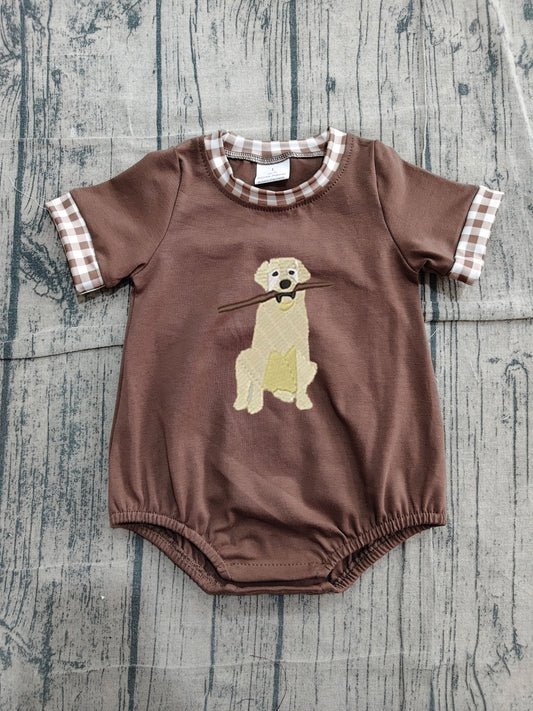 Pre order brown hunting dog embroidery bubble romper