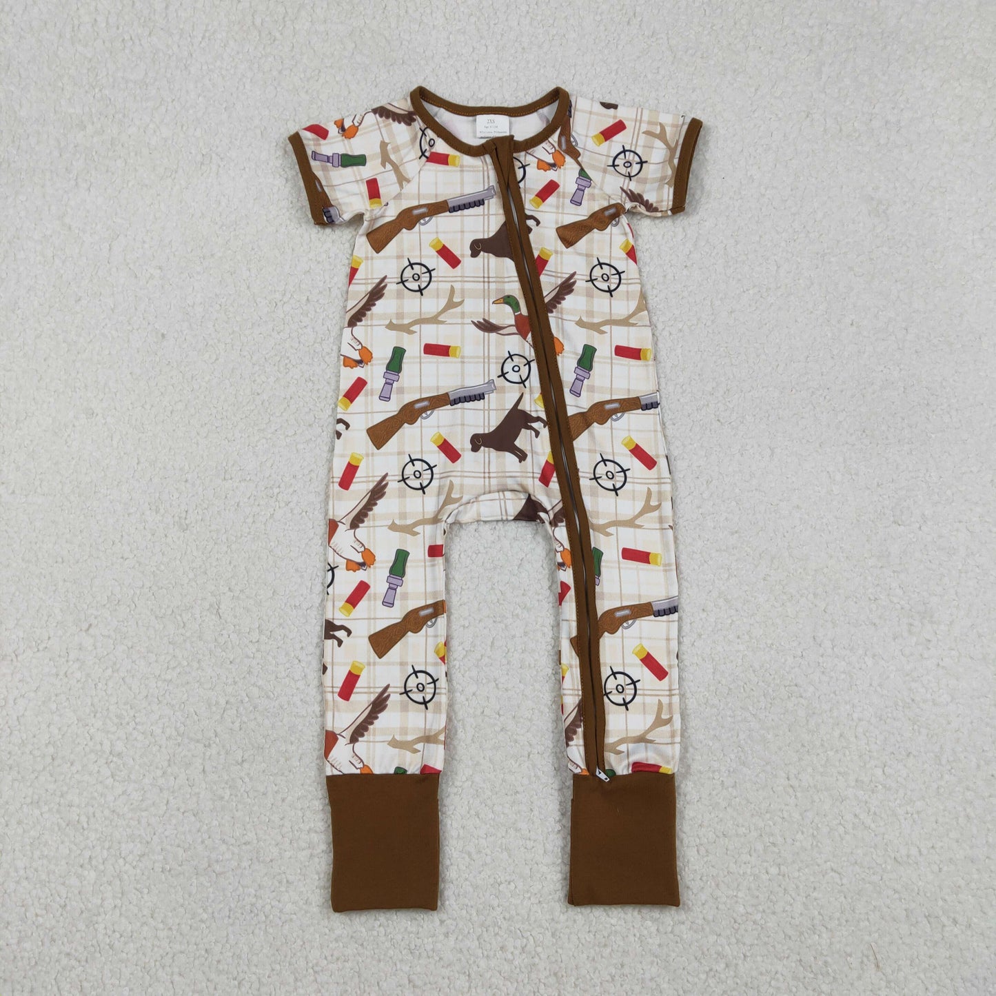 Baby Boys Khaki Checked Hunting Rompers with Two-Way Zip Convertible Design Featuring Dogs And Ducks Pattern