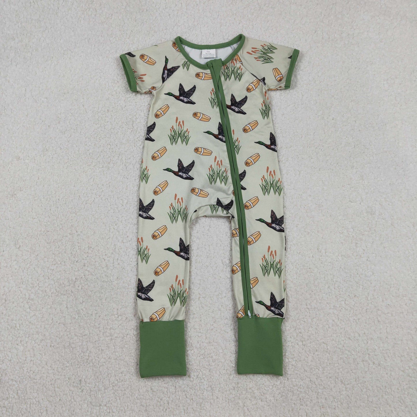 Baby Boys Green Ducks Calls Hunting Rompers with Two-Way Zip Convertible Design for Comfort And Style