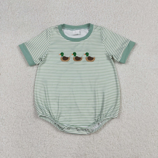 Baby Boys Green Stripe Short Sleeve Hunting Rompers Embroidery Ducks Design Comfortable And Stylish Clothing for Infants