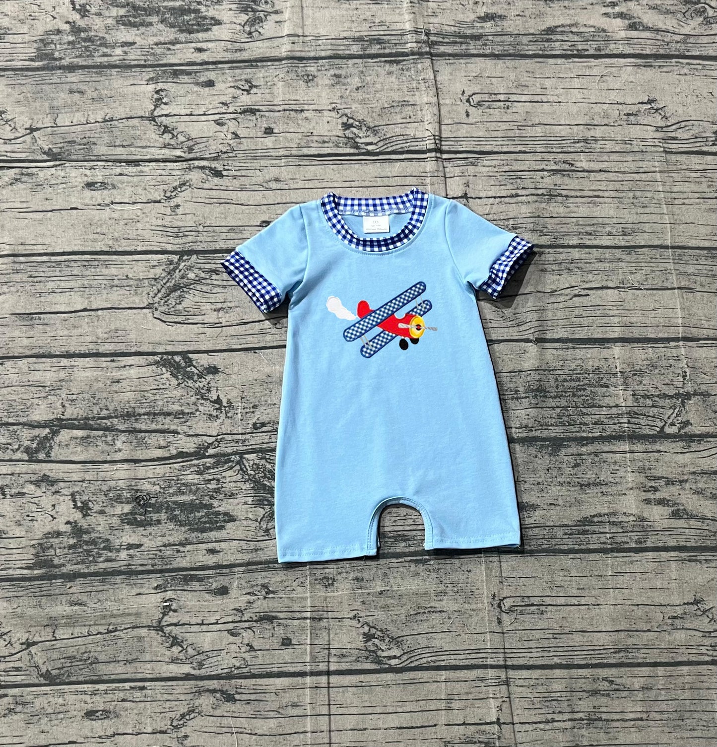 Pre-order Embroidery Planes Baby Boys Blue Short Sleeve Rompers