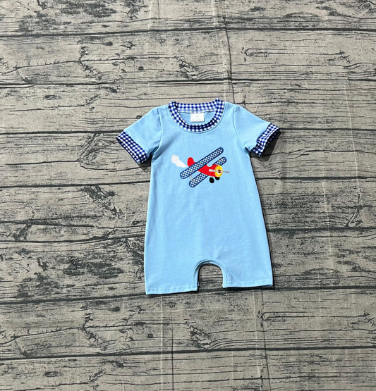 Pre-order Embroidery Planes Baby Boys Blue Short Sleeve Rompers