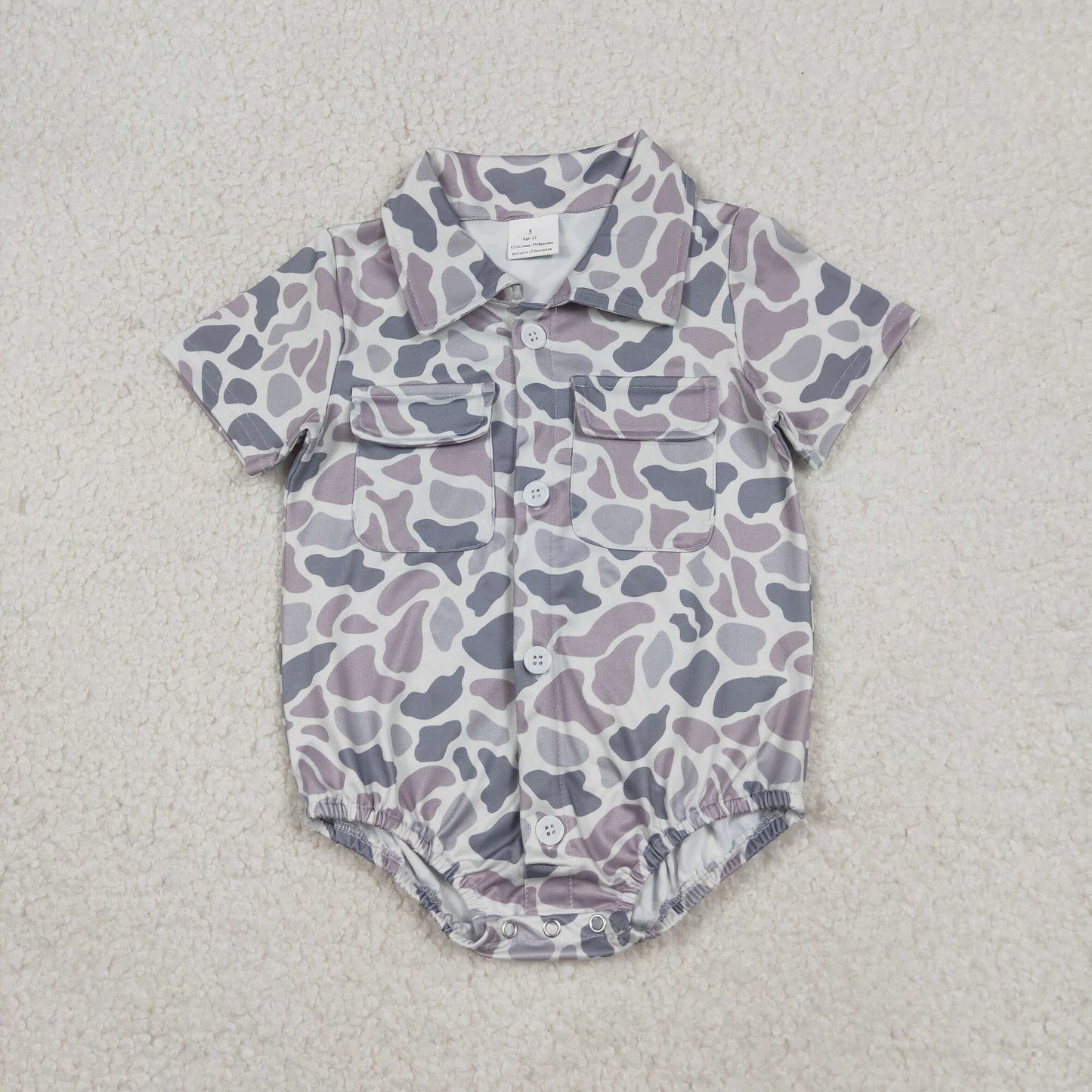 Baby Boys Southern Light Grey Camouflage Rompers with Button Pockets Boy's Outfit