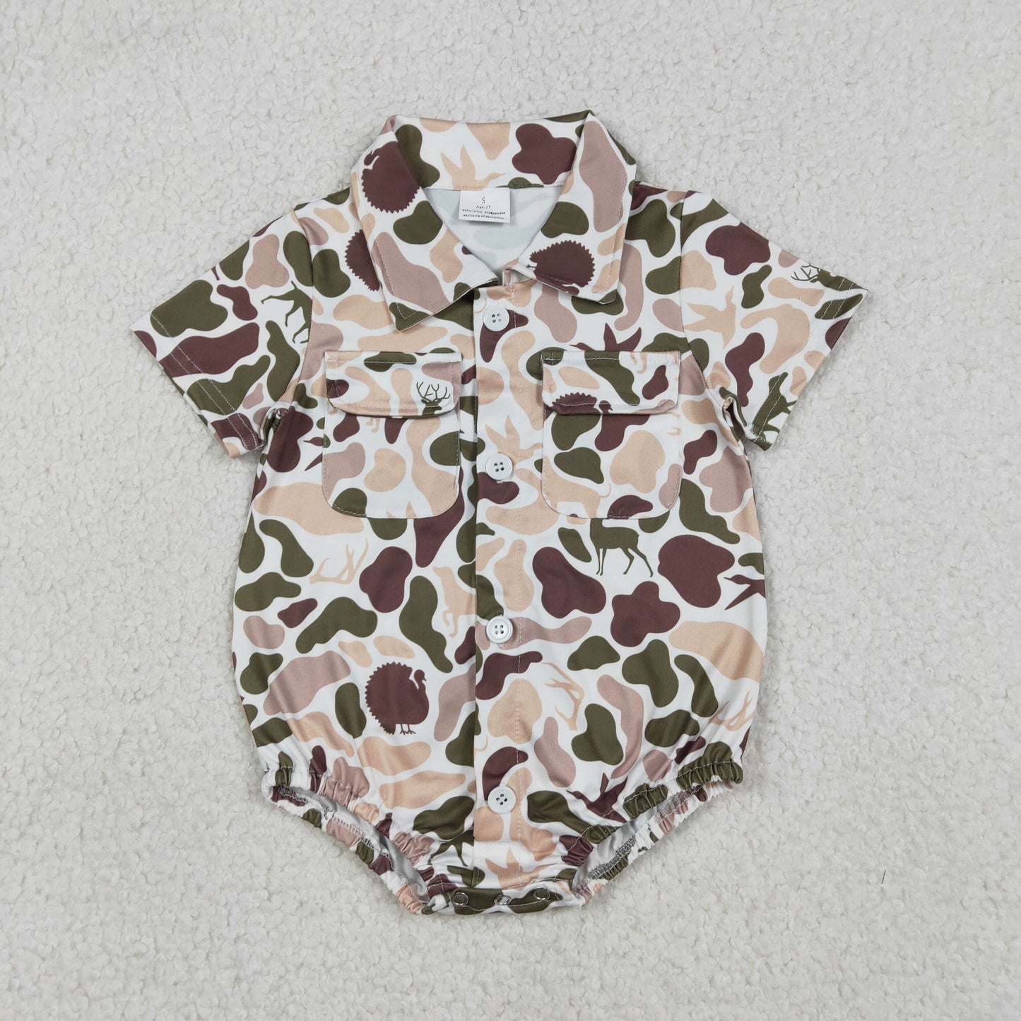 Baby Boys Camouflage Hunting Romper with Button Pockets Featuring Dogs Ducks Deer Print