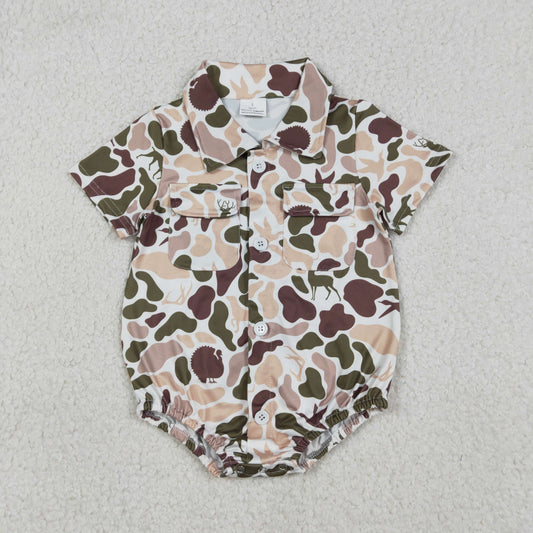 Baby Boys Camouflage Hunting Romper with Button Pockets Featuring Dogs Ducks Deer Print