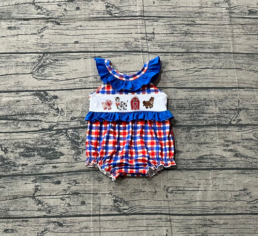 Pre order red white blue plaid  farm animal embroidery romper baby clothes