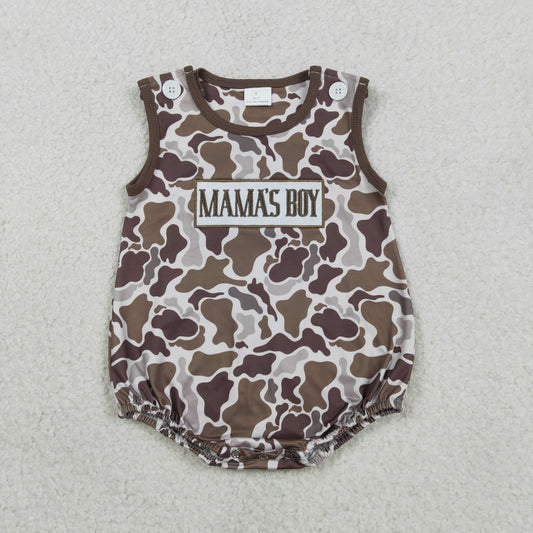 RTS NO MOQ（In Stock ) SR3889 Embroidery Mama's Boy Southern Brown Camo Sleeveless Rompers