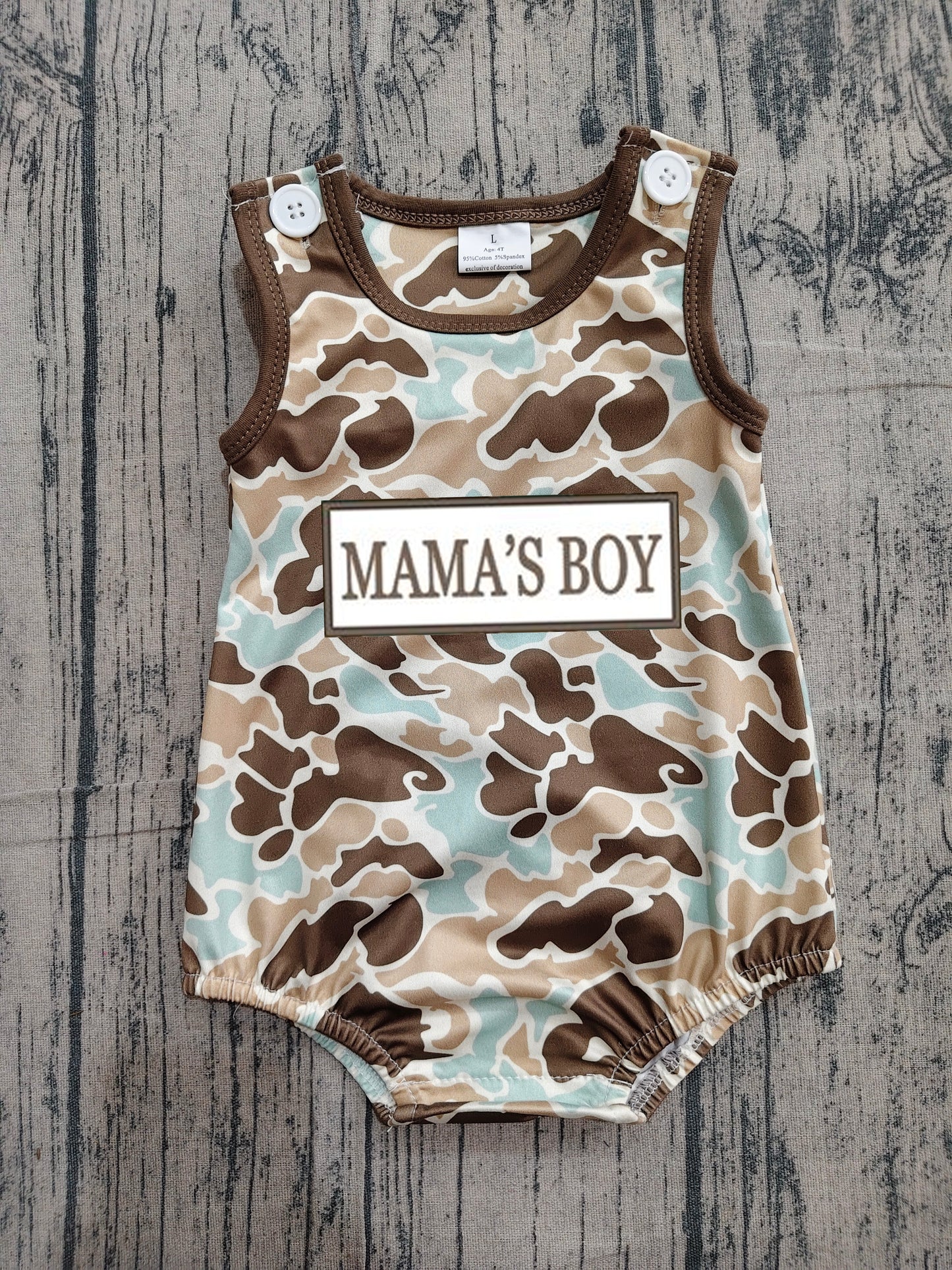 Pre order mama's boy embroidery camo romper