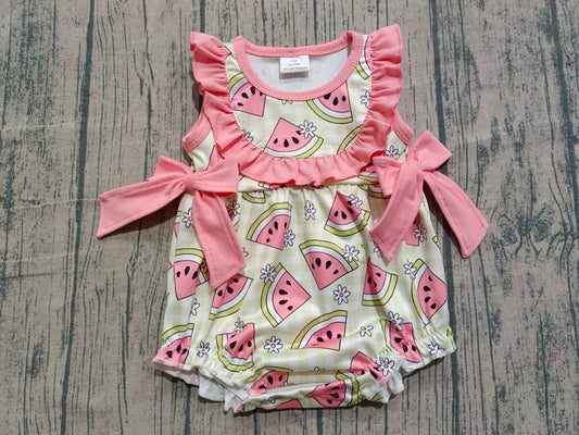 Pre-order Baby Girls Pink Checked Watermelons Ruffle Rompers