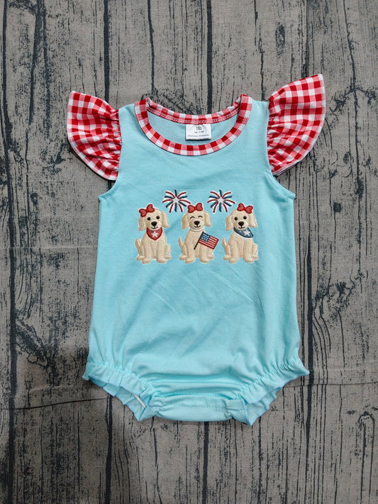 Pre order 4th of july patrotic dog embroidery girl romper