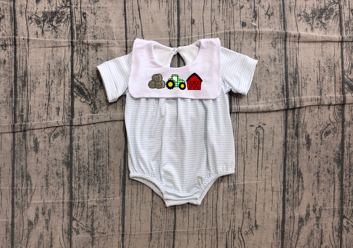 Pre order blue stripes farm embroidery boy romper