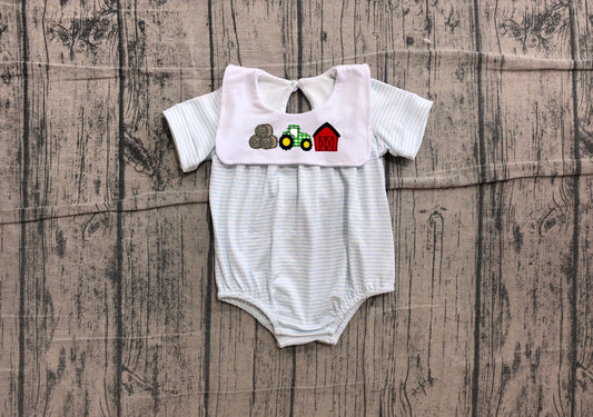 Pre order blue stripes farm embroidery boy romper