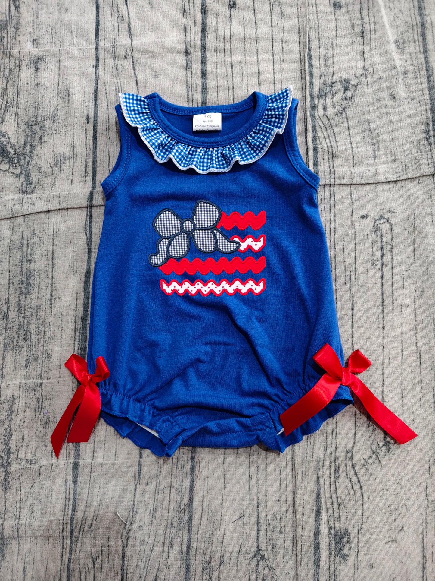 Pre order blue flag embroidery girl bubble romper