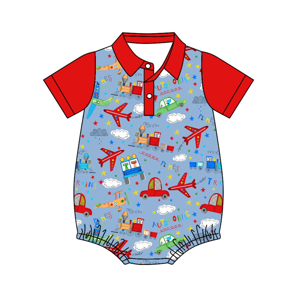 Pre order fun flannel planes, trains & automobiles polo romper
