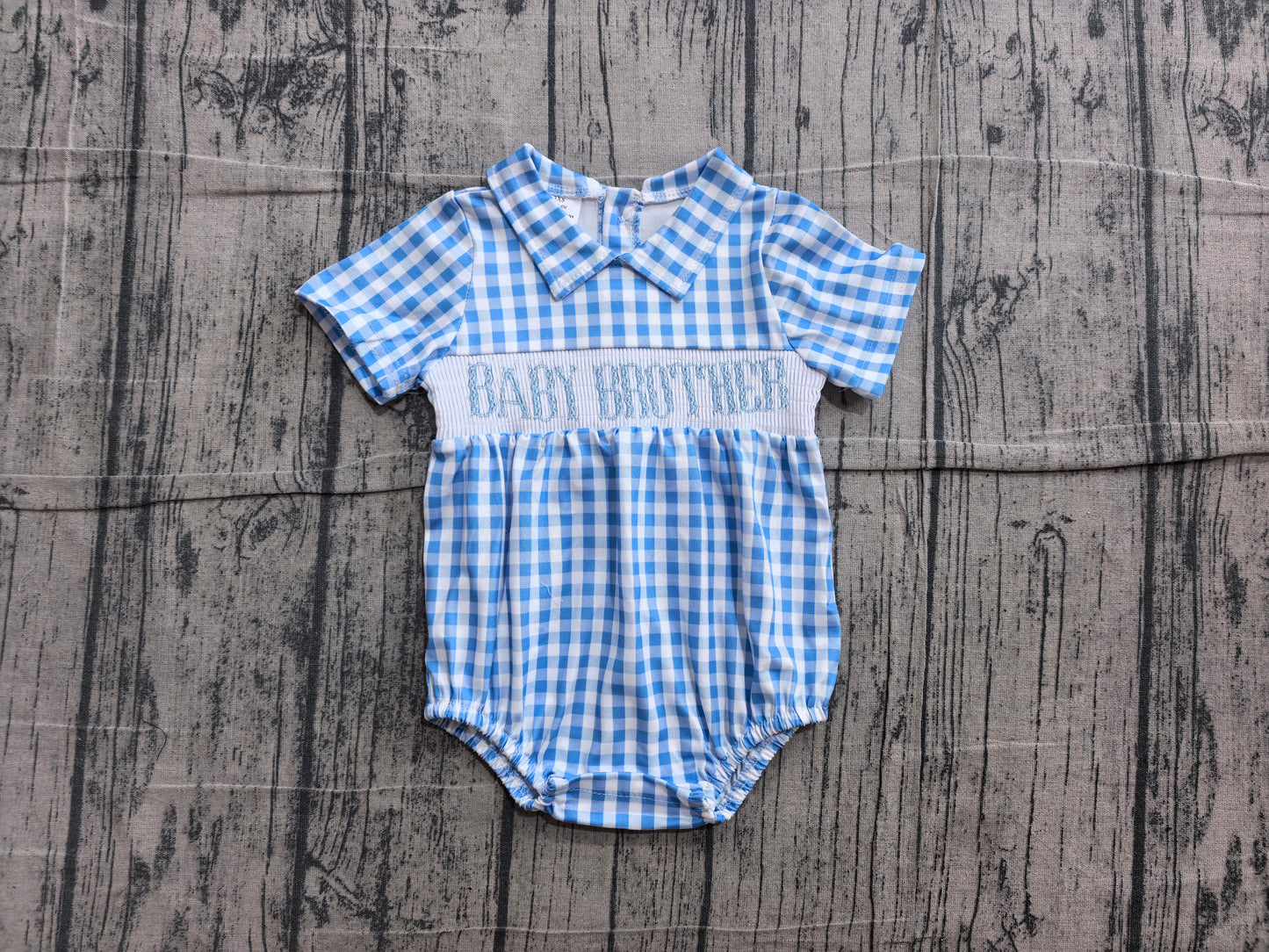 Pre order blue gingham baby brother smock romper