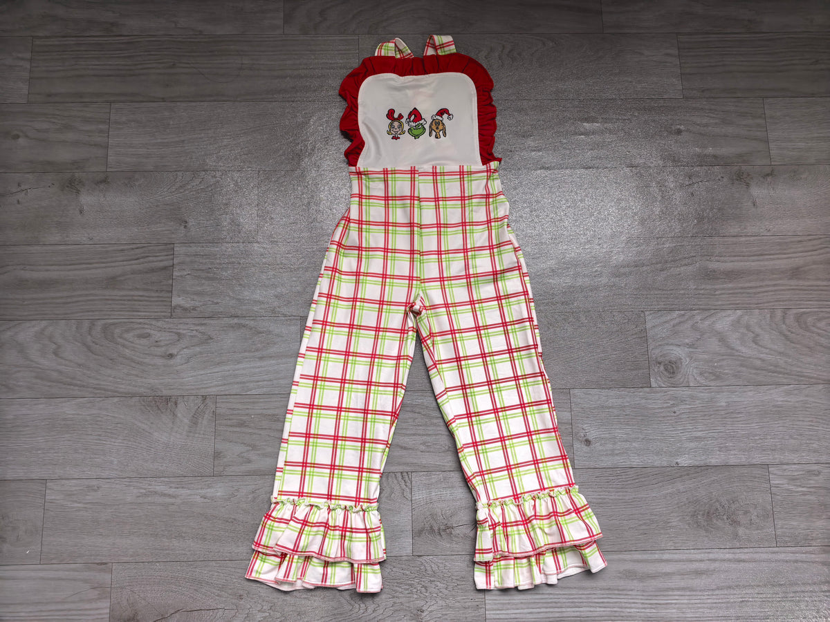 Pre order red green plaid grinchmas strap jumpsuit