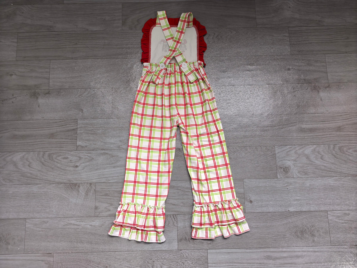 Pre order red green plaid grinchmas strap jumpsuit