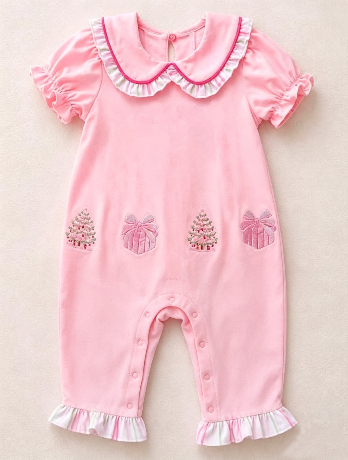 Pre order Christmas gift and tree pink romper