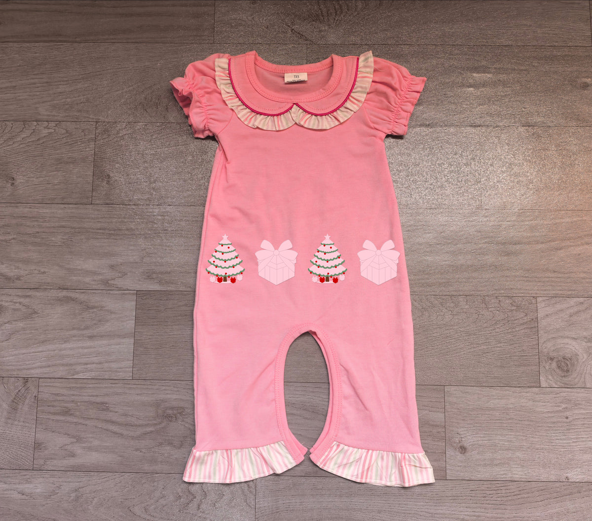 Pre order pink Christmas tree gift embroidery girl romper