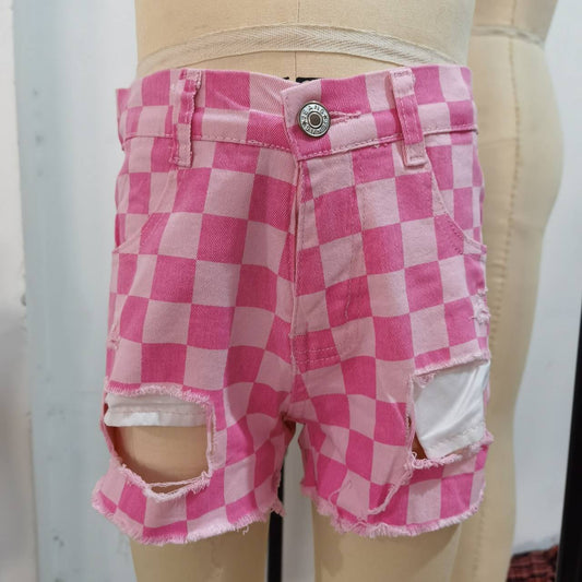 SS0092 Pink Check Denim Shorts