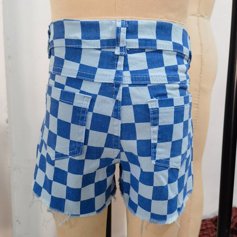 SS0093 Blue Check Denim Shorts