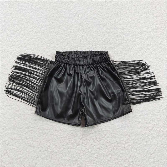 SS0094 Black shiny leather fringe shorts
