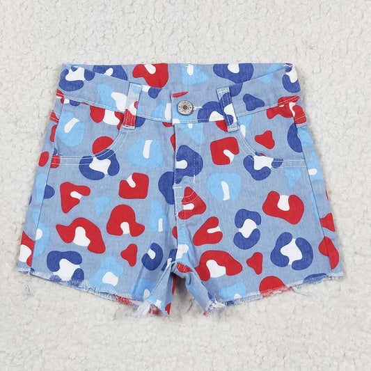 SS0166 Red and blue leopard print denim shorts