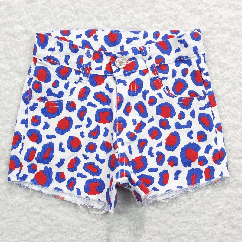 SS0167 Red and blue leopard print white denim shorts