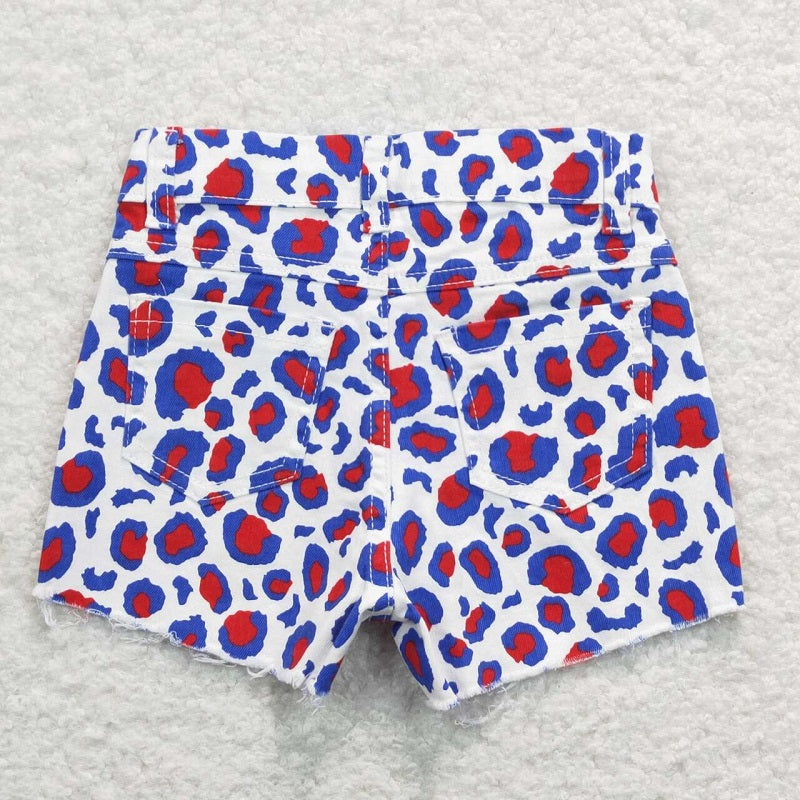 SS0167 Red and blue leopard print white denim shorts