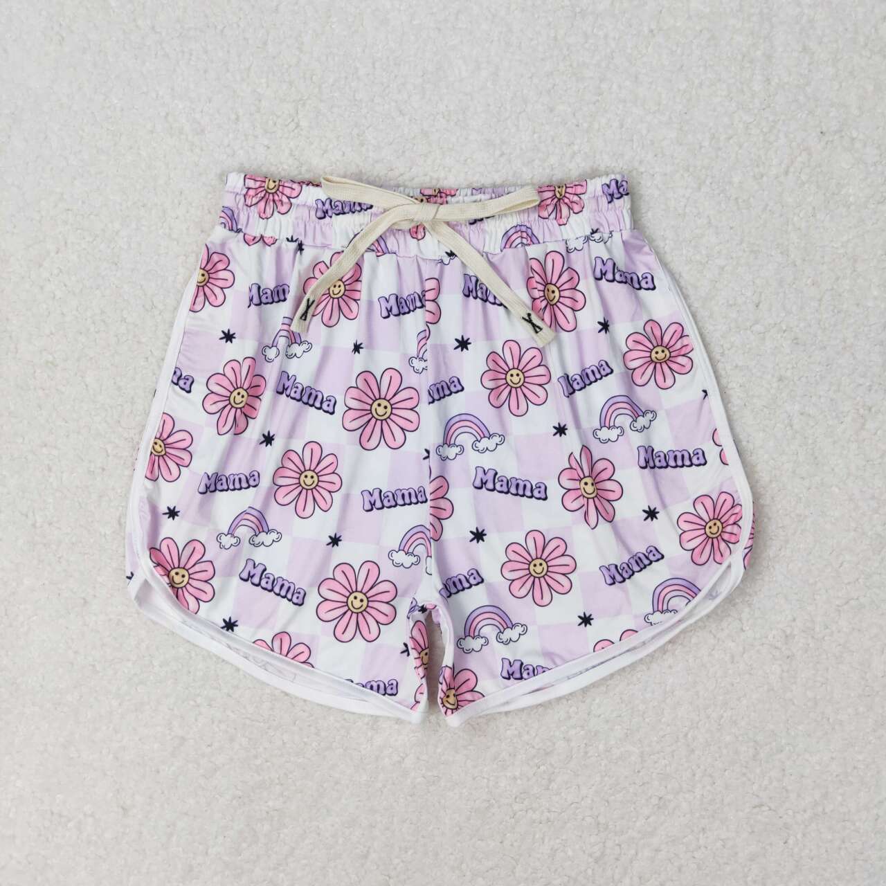 SS0172 Adult women mama flower purple and white plaid shorts