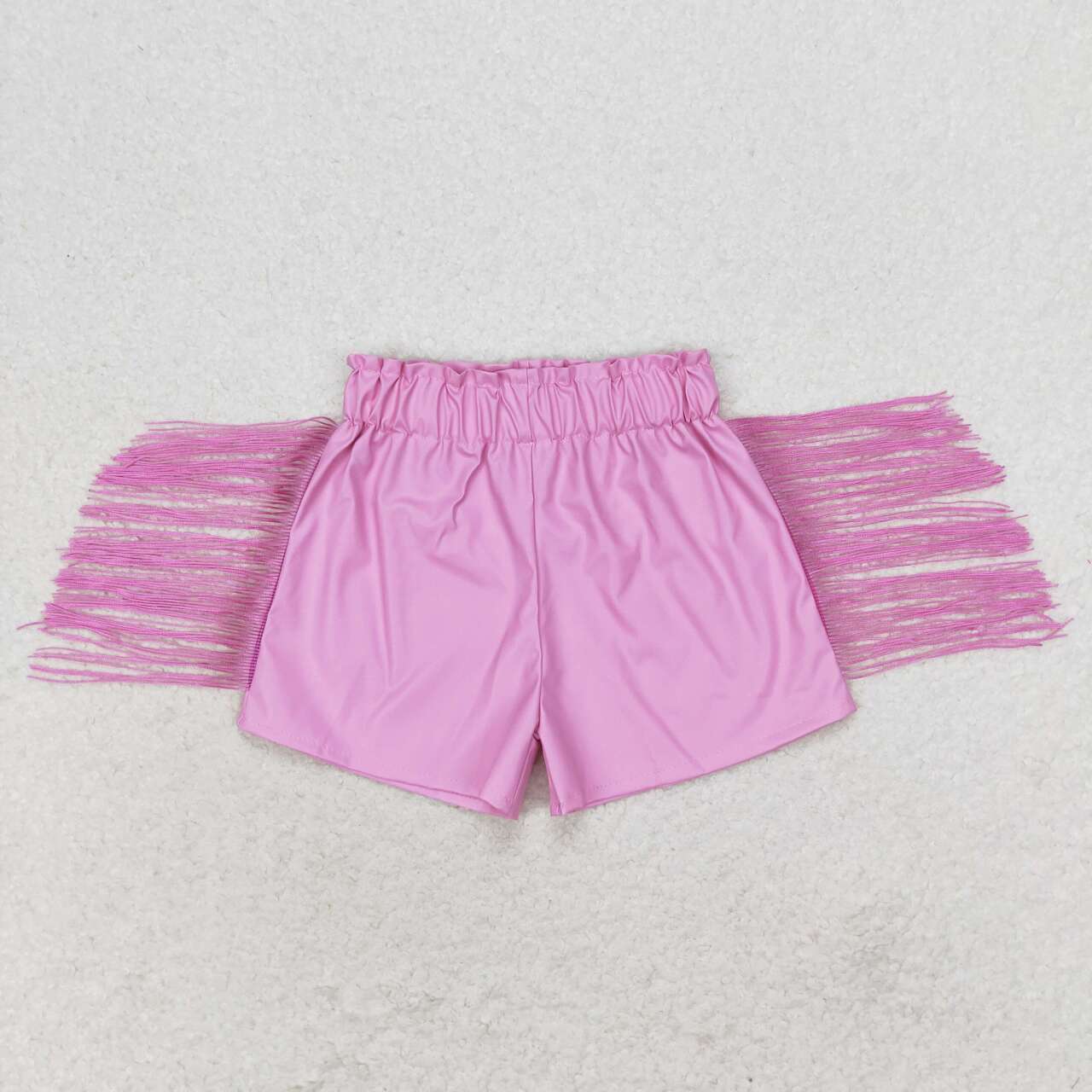 SS0222 Pink shiny leather fringe shorts