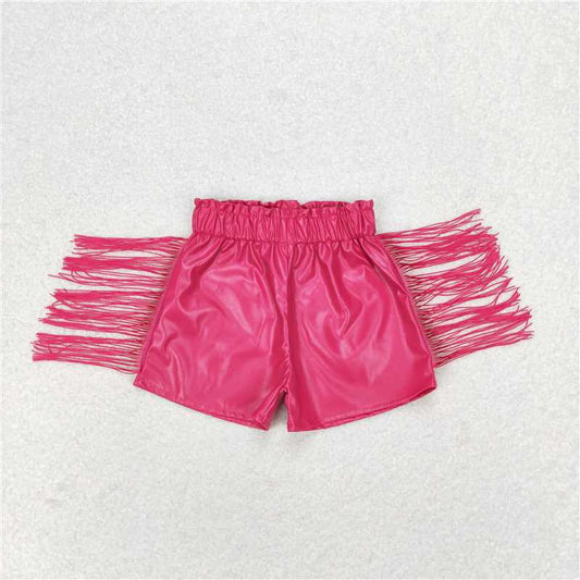 SS0223 Rose red shiny leather tassel shorts
