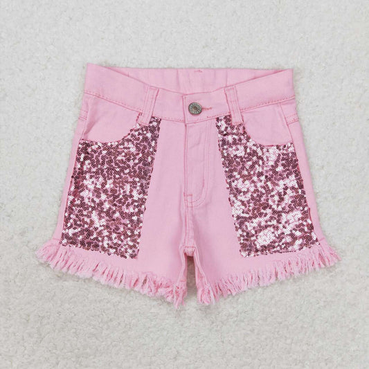 SS0230 Pink Sequin Denim Shorts