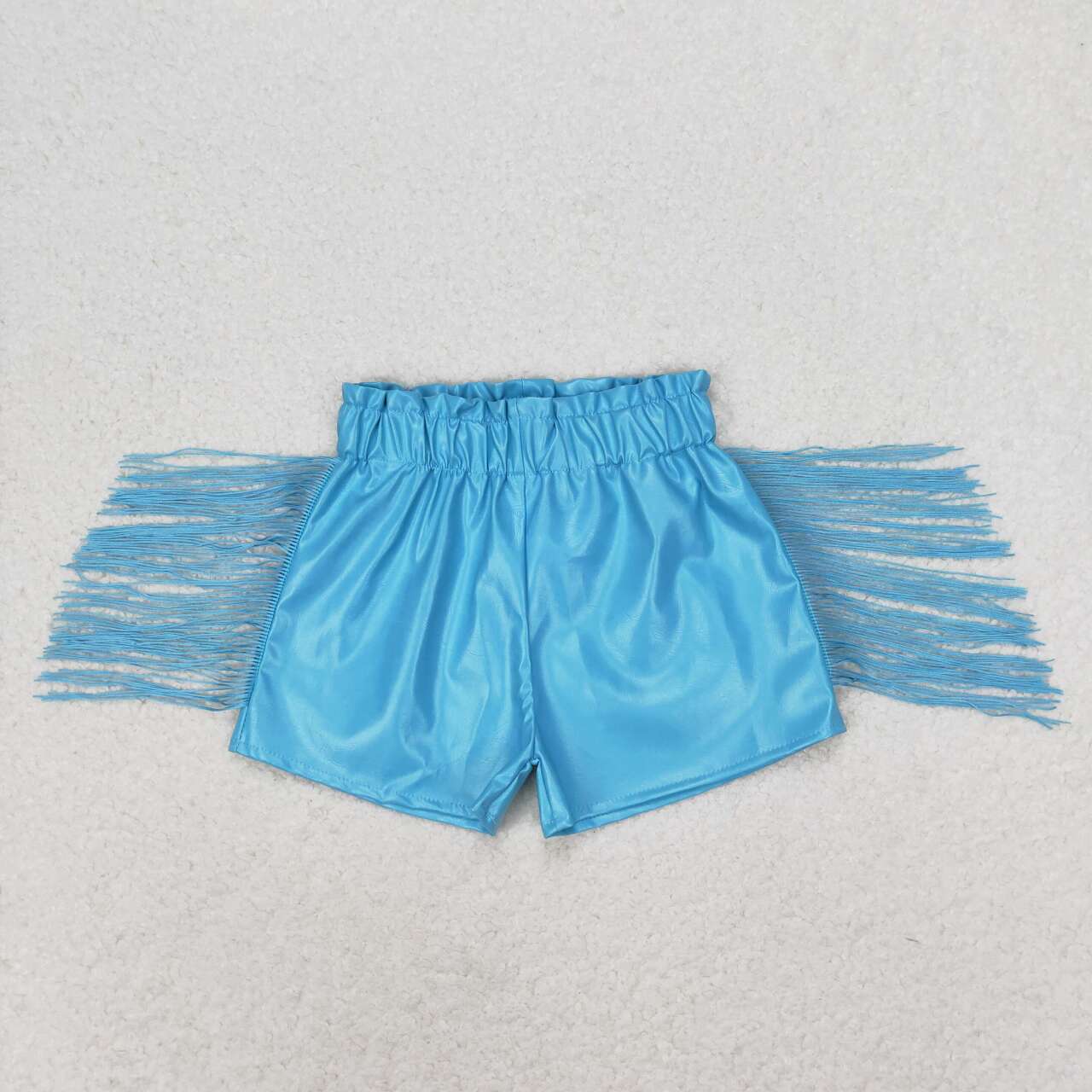 SS0241 Blue shiny leather fringed shorts