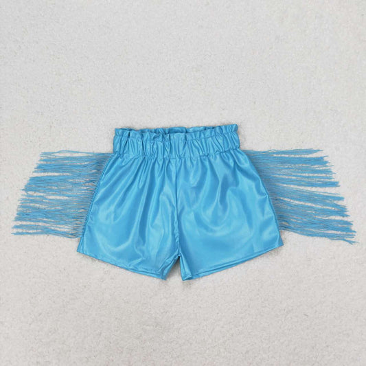SS0241 Blue shiny leather fringed shorts