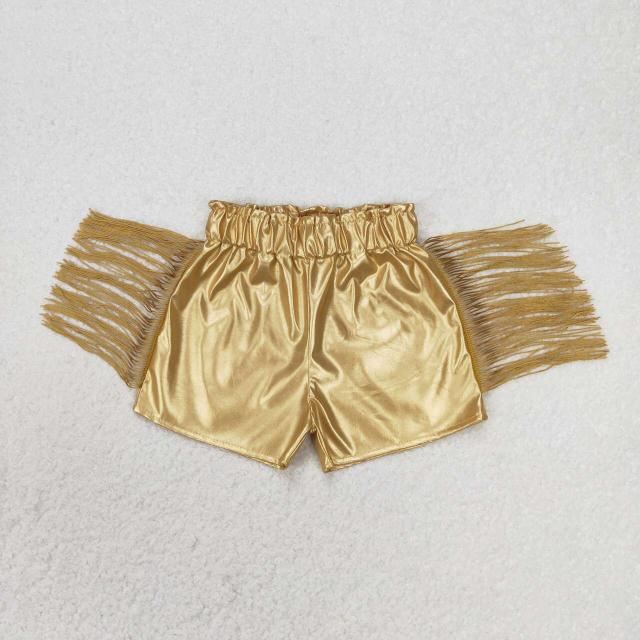 GSSO0985 White Short Sleeve Gold Shiny Leather Tassel Shorts Set