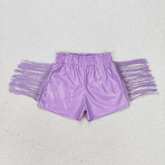 SS0251 Purple shiny leather fringed shorts
