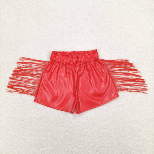 SS0252 Red shiny leather fringed shorts