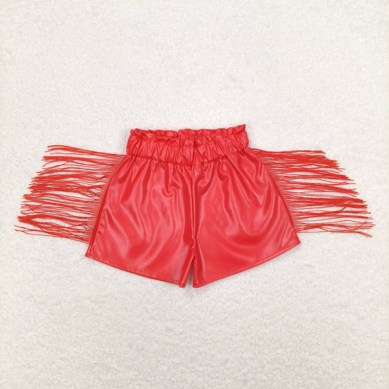 GSSO1030 White short-sleeved red shiny leather fringed shorts set