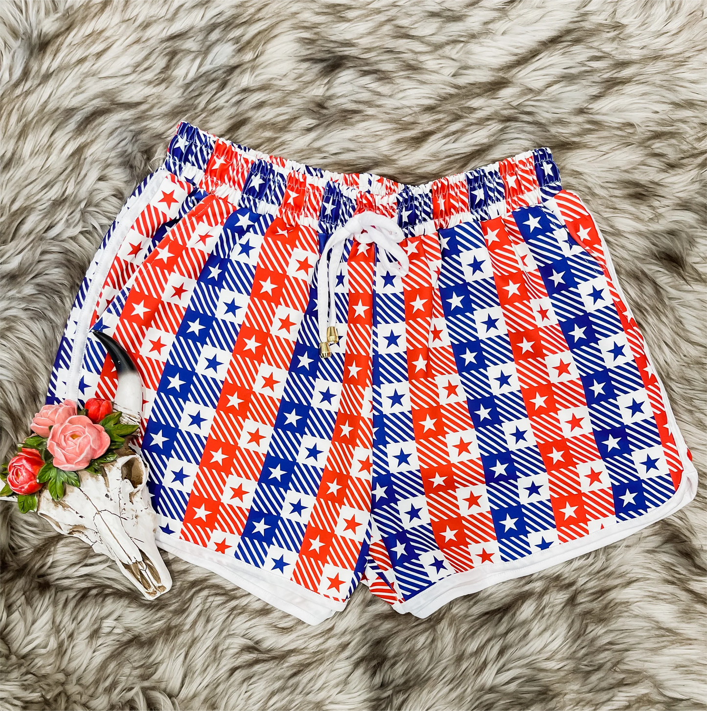 SS0253 National Day star red and blue striped white shorts