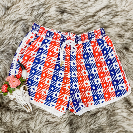 preorder SS0254 Adult Women's National Day Star Red and Blue Striped White Shorts