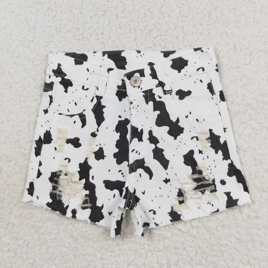 SS0332 White cow print ripped denim shorts