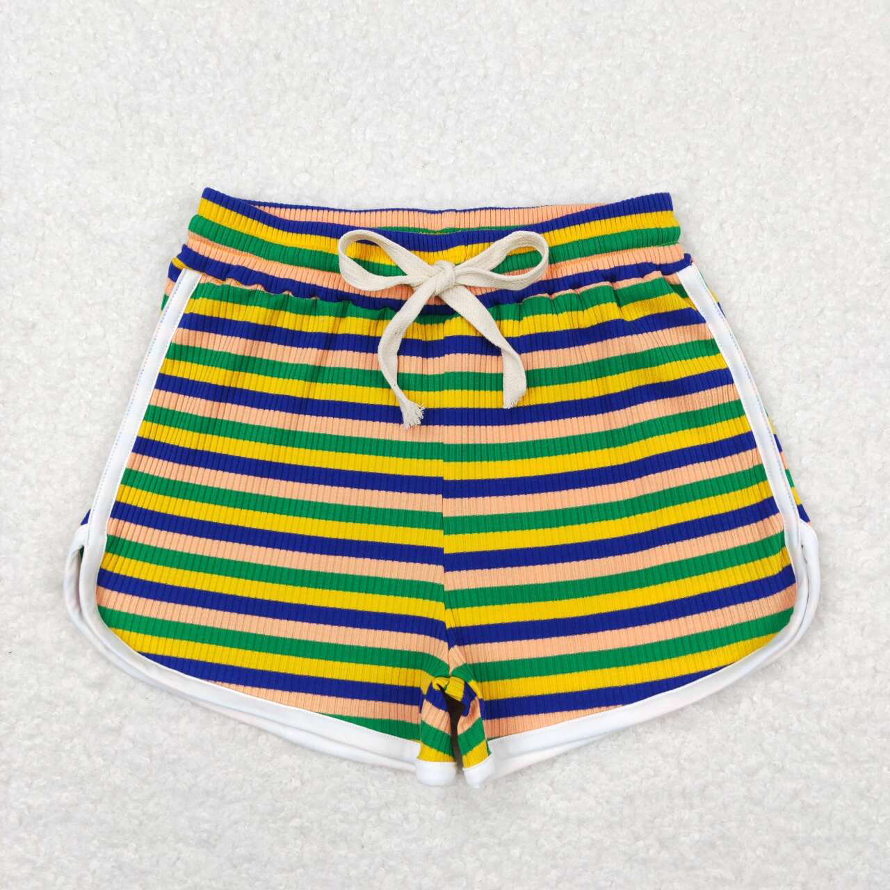 SS0339 Green, yellow, blue and orange colored thick striped shorts