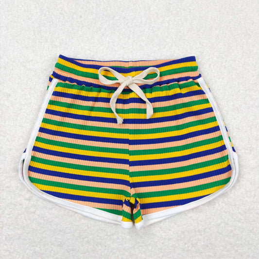 SS0339 Green, yellow, blue and orange colored thick striped shorts
